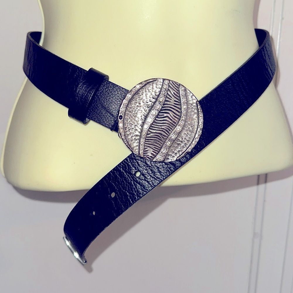 Chico’s black leather belt with hammered silver & rhinestones hook‎ buckle